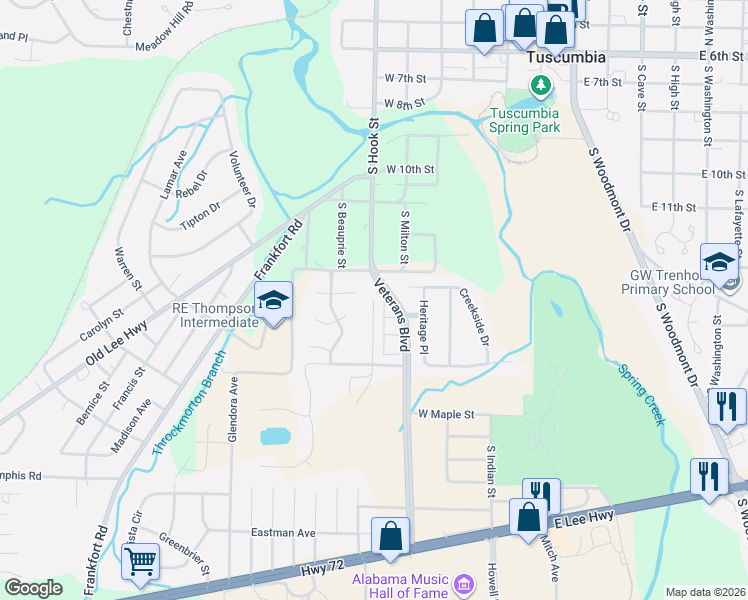 map of restaurants, bars, coffee shops, grocery stores, and more near South Hook Street in Tuscumbia