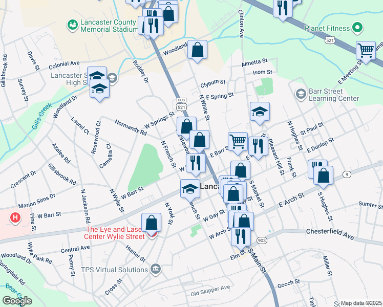 map of restaurants, bars, coffee shops, grocery stores, and more near 300 North Catawba Street in Lancaster