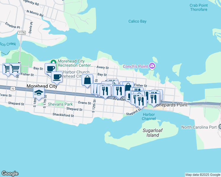 map of restaurants, bars, coffee shops, grocery stores, and more near 1006 Bridges Street in Morehead City