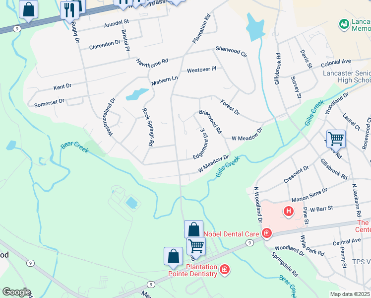 map of restaurants, bars, coffee shops, grocery stores, and more near 512 Edgemont Drive East in Lancaster