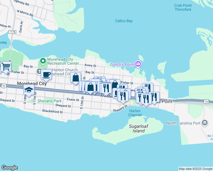 map of restaurants, bars, coffee shops, grocery stores, and more near 907 Bridges Street in Morehead City