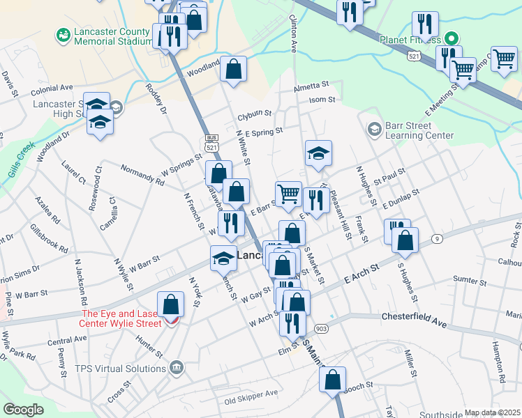 map of restaurants, bars, coffee shops, grocery stores, and more near 204 North White Street in Lancaster