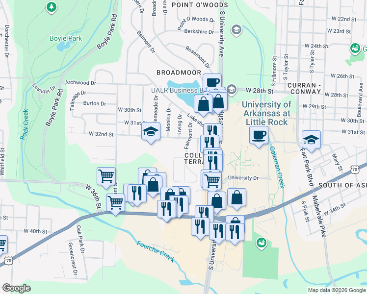 map of restaurants, bars, coffee shops, grocery stores, and more near 1 Bryn Mawr Drive in Little Rock