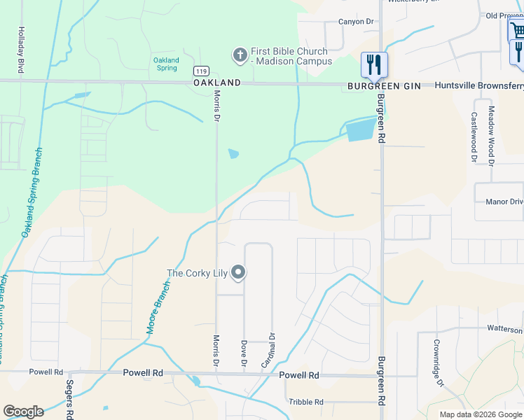 map of restaurants, bars, coffee shops, grocery stores, and more near 11574 Morris Drive in Madison