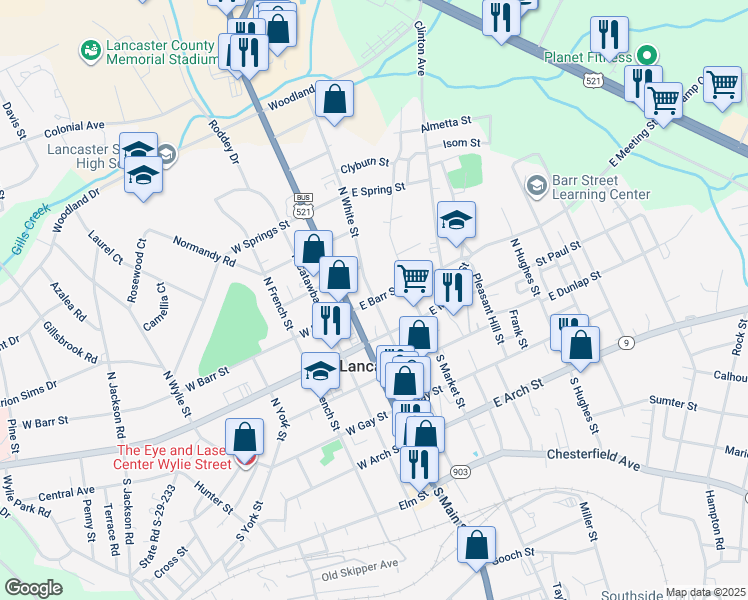 map of restaurants, bars, coffee shops, grocery stores, and more near 204 North White Street in Lancaster