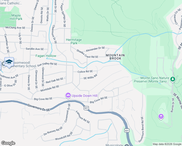 map of restaurants, bars, coffee shops, grocery stores, and more near 2103 Willis Circle Southeast in Huntsville