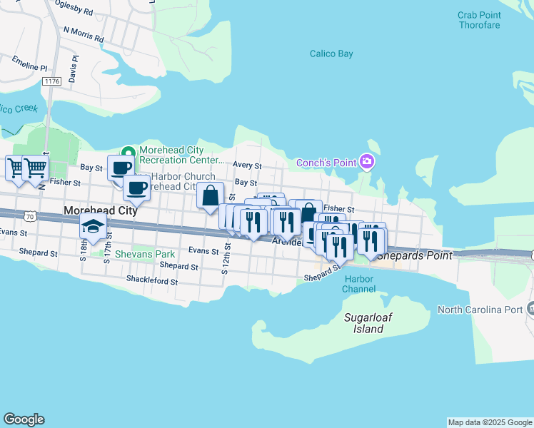 map of restaurants, bars, coffee shops, grocery stores, and more near 1006 Bridges Street in Morehead City