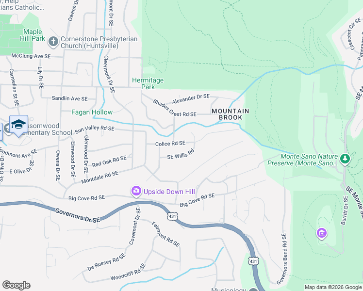 map of restaurants, bars, coffee shops, grocery stores, and more near 2103 Willis Circle Southeast in Huntsville