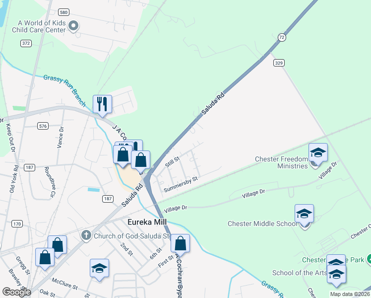 map of restaurants, bars, coffee shops, grocery stores, and more near 722 Saluda Road in Chester