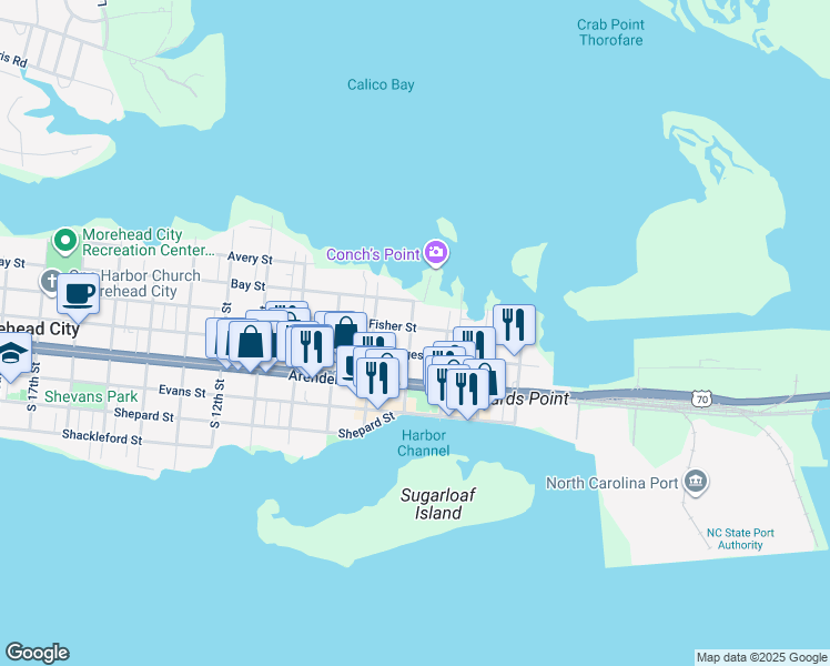 map of restaurants, bars, coffee shops, grocery stores, and more near 208 North 7th Street in Morehead City