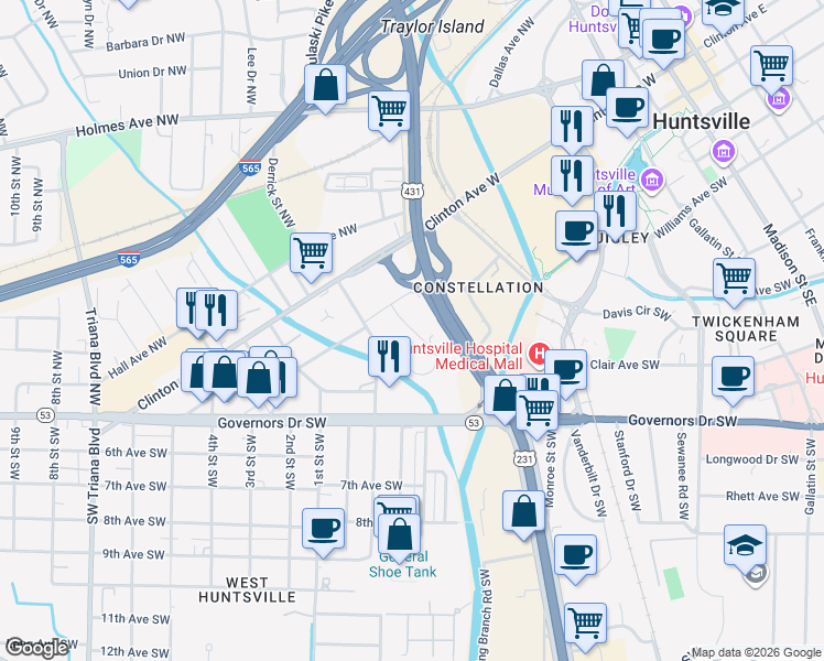 map of restaurants, bars, coffee shops, grocery stores, and more near 204 Binford Drive Southwest in Huntsville