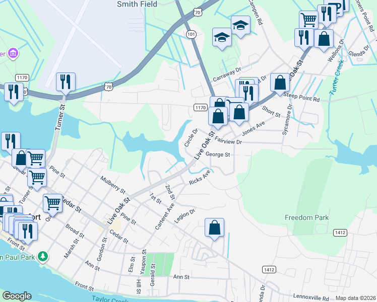 map of restaurants, bars, coffee shops, grocery stores, and more near 100 Circle Drive in Beaufort