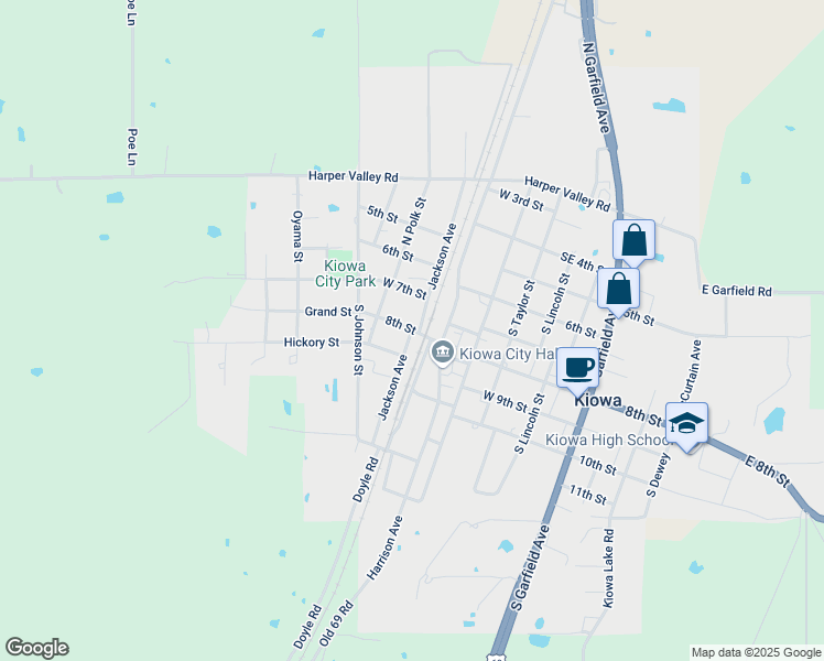 map of restaurants, bars, coffee shops, grocery stores, and more near 803 South Jackson Street in Kiowa