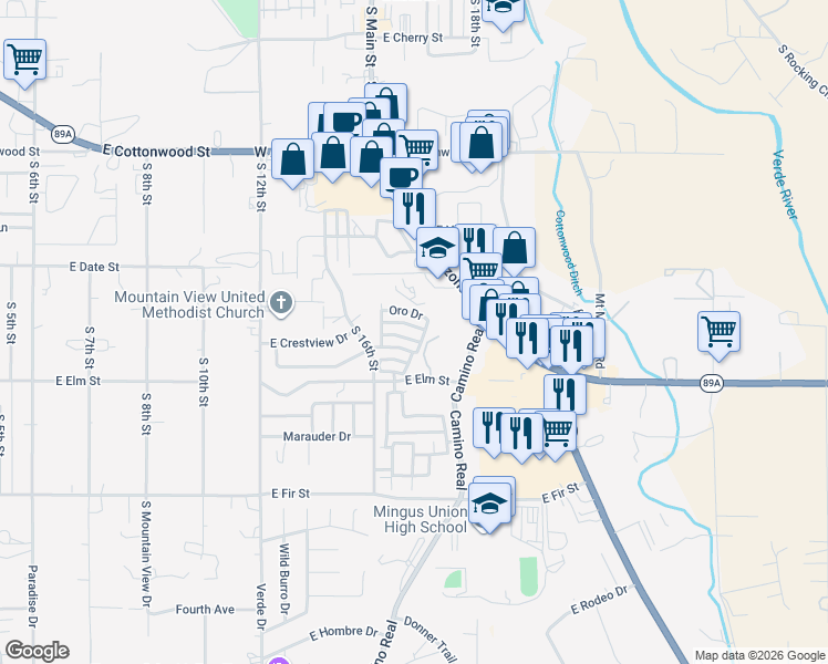 map of restaurants, bars, coffee shops, grocery stores, and more near 1765 Oro Drive in Cottonwood