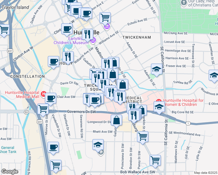 map of restaurants, bars, coffee shops, grocery stores, and more near 714 Saint Clair Avenue Southeast in Huntsville