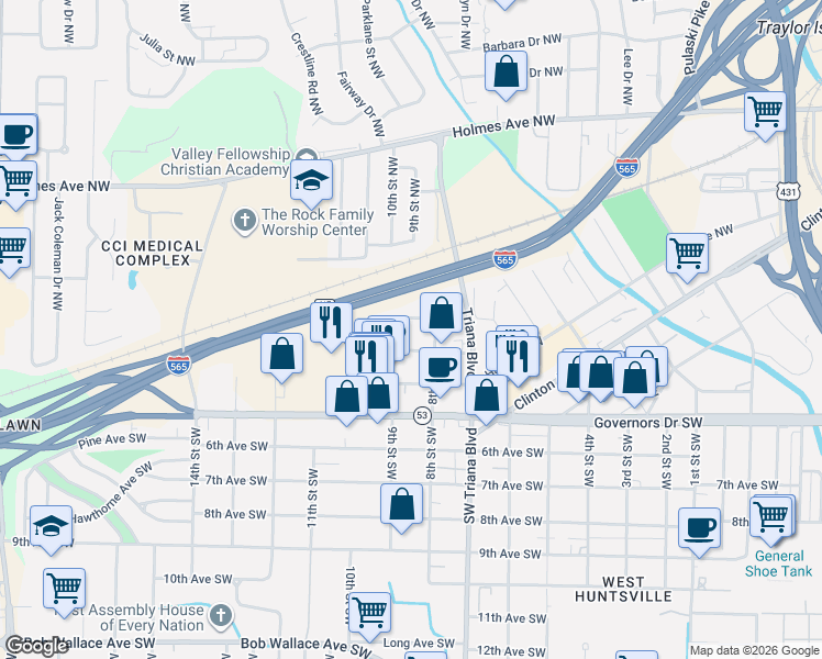 map of restaurants, bars, coffee shops, grocery stores, and more near 2908 2nd Avenue Northwest in Huntsville