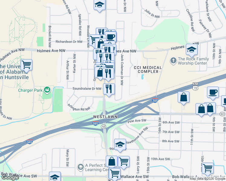 map of restaurants, bars, coffee shops, grocery stores, and more near 338 Jack Coleman Drive Northwest in Huntsville