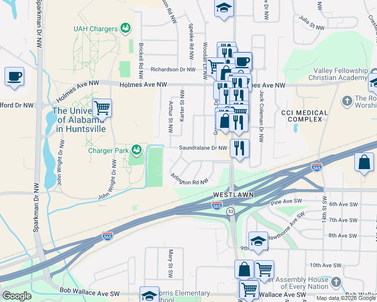map of restaurants, bars, coffee shops, grocery stores, and more near 403 Ewing Street Northwest in Huntsville