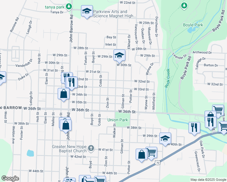 map of restaurants, bars, coffee shops, grocery stores, and more near 3219 Zion Street in Little Rock