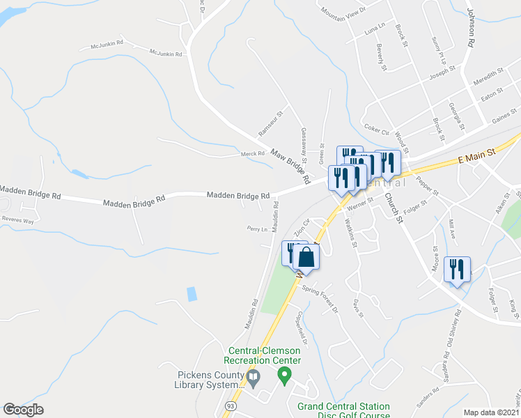 map of restaurants, bars, coffee shops, grocery stores, and more near 116 Water Oak Lane in Central