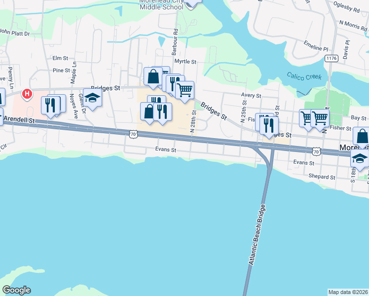 map of restaurants, bars, coffee shops, grocery stores, and more near 2804 Evans Street in Morehead City