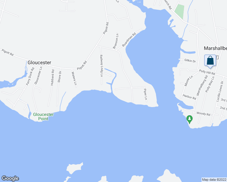 map of restaurants, bars, coffee shops, grocery stores, and more near 153 Blue Heron Lane in Gloucester