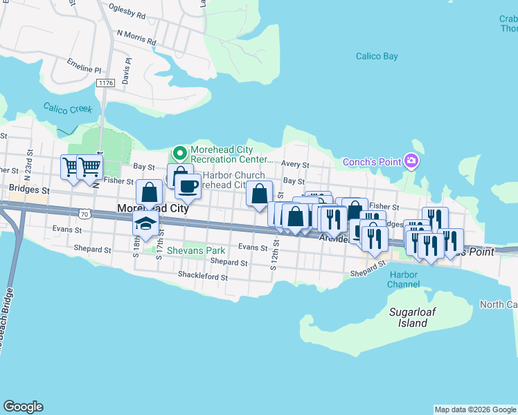 map of restaurants, bars, coffee shops, grocery stores, and more near 1212 Bridges Street in Morehead City