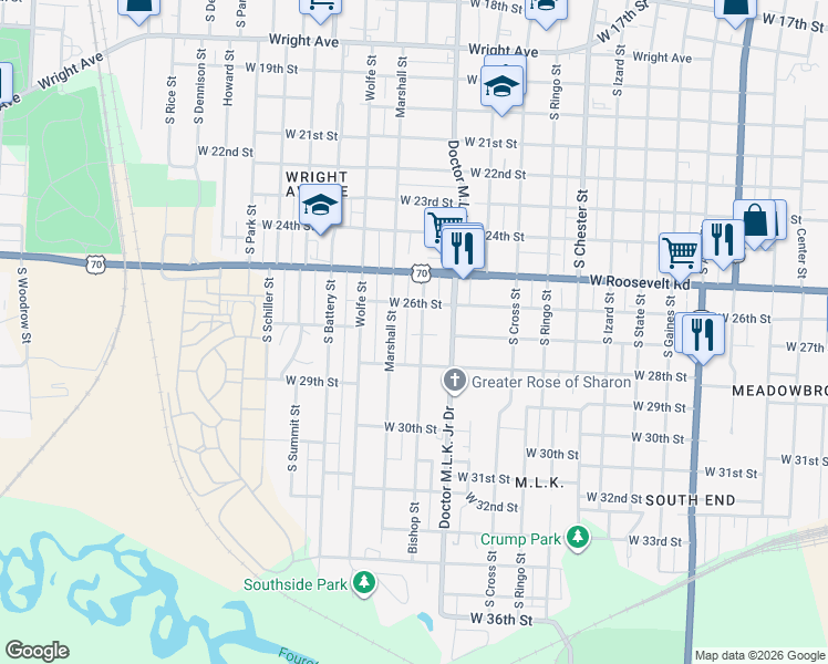 map of restaurants, bars, coffee shops, grocery stores, and more near 2611 Marshall Street in Little Rock