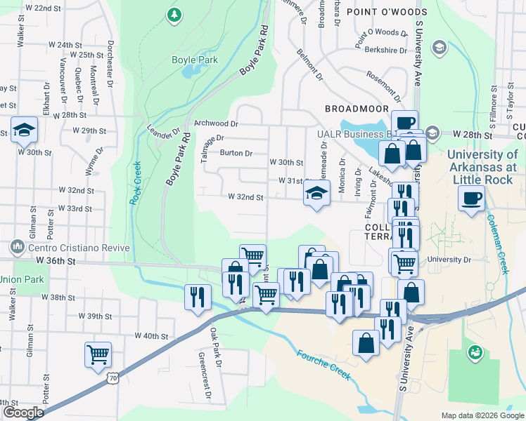 map of restaurants, bars, coffee shops, grocery stores, and more near 6821 West 32nd Street in Little Rock