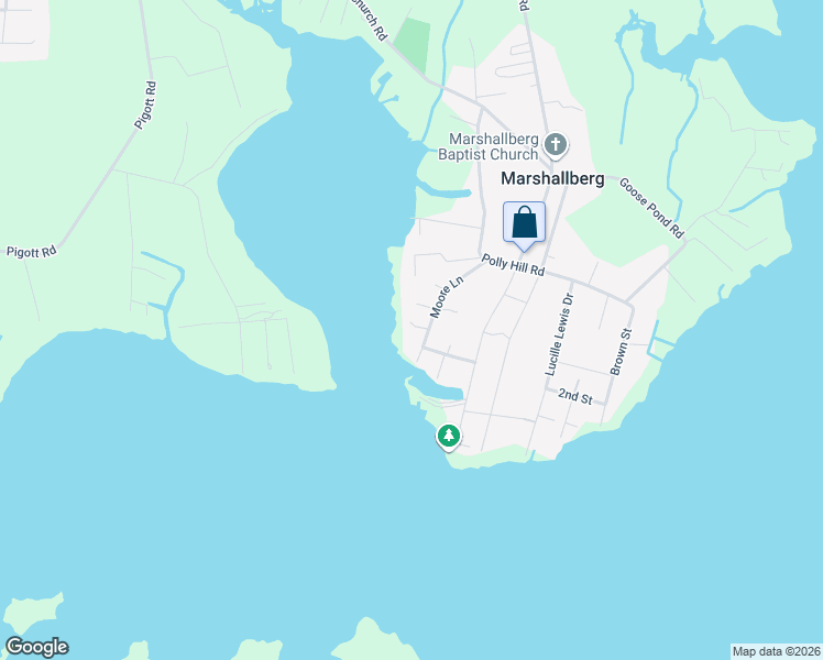 map of restaurants, bars, coffee shops, grocery stores, and more near 180 Moore Lane in Marshallberg