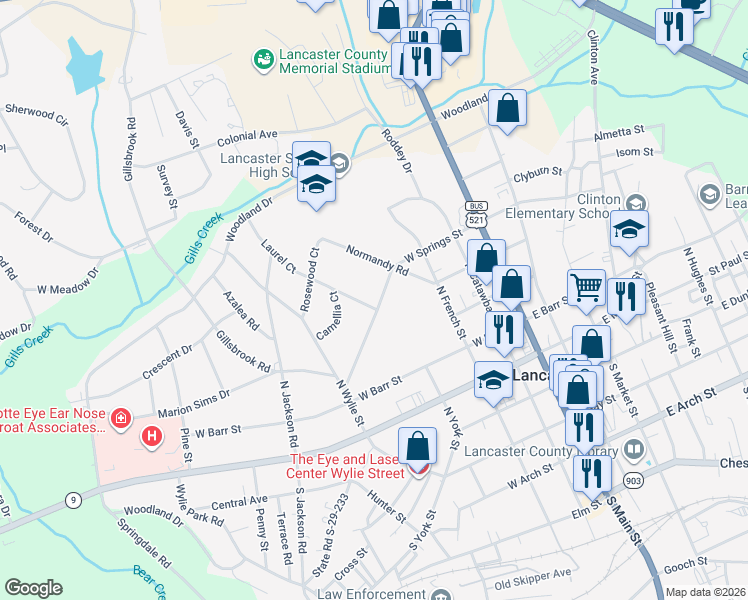map of restaurants, bars, coffee shops, grocery stores, and more near 410 West Springs Street in Lancaster