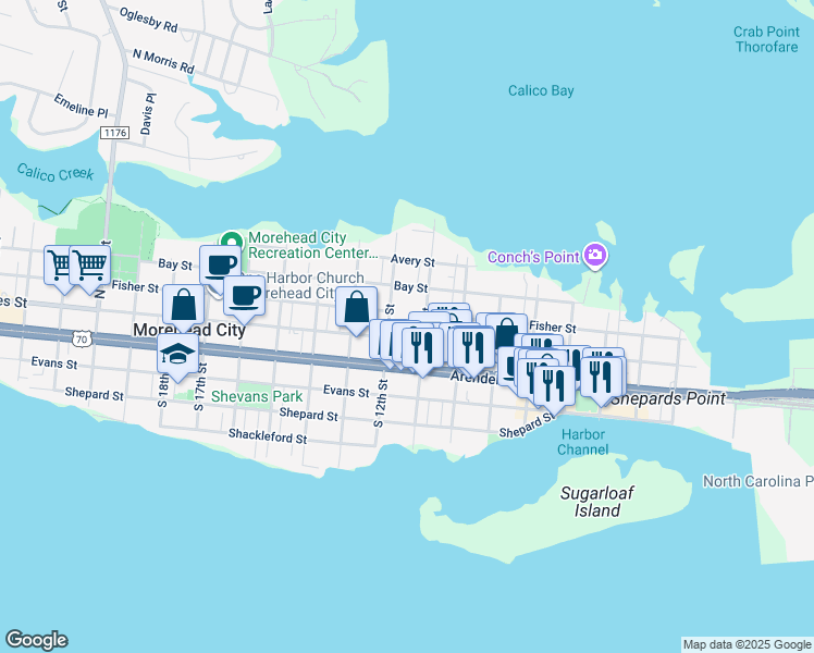 map of restaurants, bars, coffee shops, grocery stores, and more near 1108 Bridges Street in Morehead City