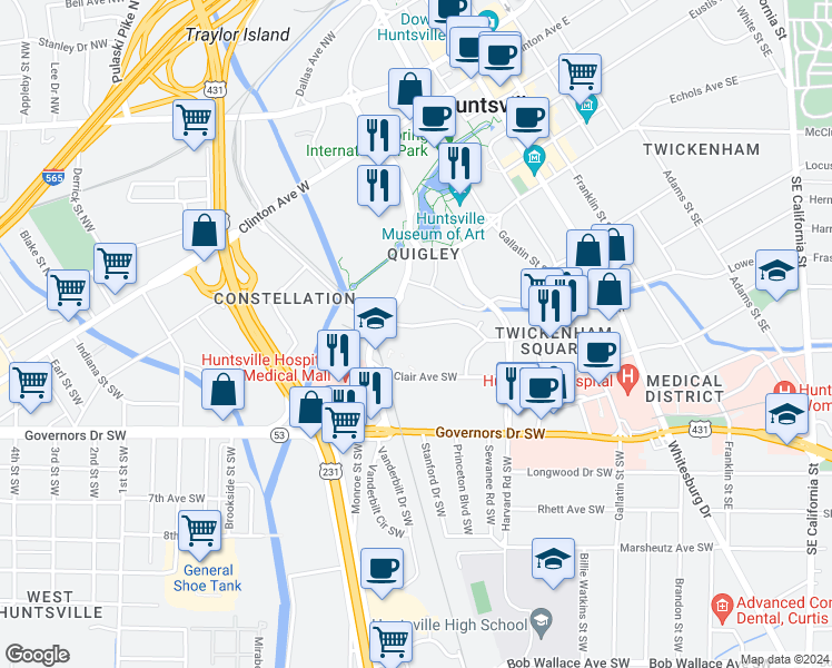 map of restaurants, bars, coffee shops, grocery stores, and more near 605 Davis Circle Southwest in Huntsville