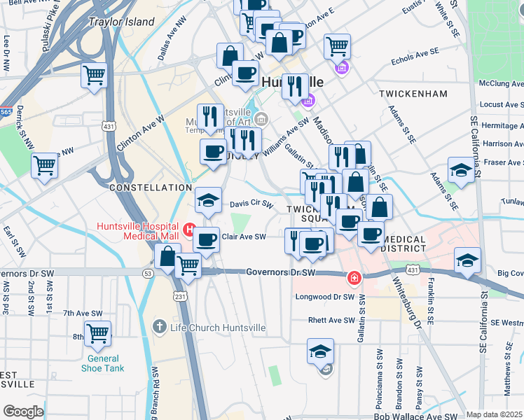 map of restaurants, bars, coffee shops, grocery stores, and more near 600 Saint Clair Avenue Southwest in Huntsville