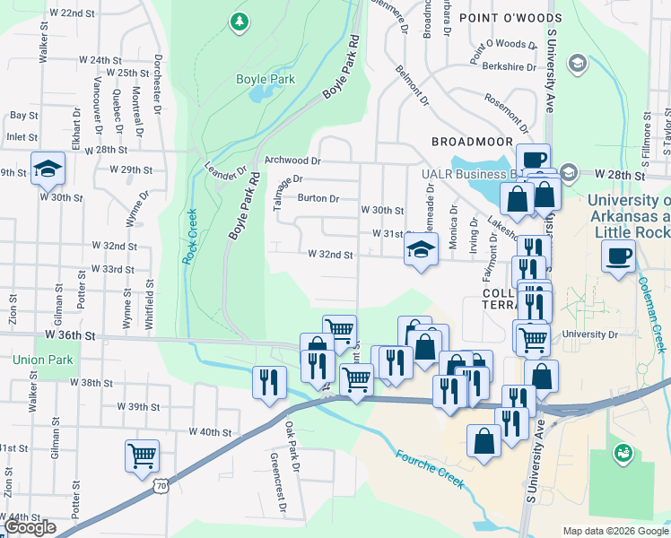 map of restaurants, bars, coffee shops, grocery stores, and more near 6821 West 32nd Street in Little Rock