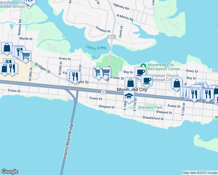map of restaurants, bars, coffee shops, grocery stores, and more near 1913 Bridges Street in Morehead City