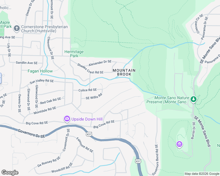 map of restaurants, bars, coffee shops, grocery stores, and more near 2106 Colice Road Southeast in Huntsville