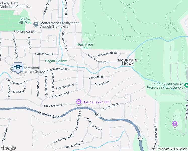 map of restaurants, bars, coffee shops, grocery stores, and more near 1408 Darnell Street Southeast in Huntsville