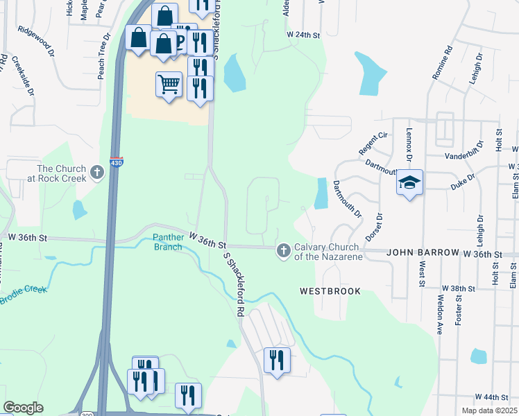 map of restaurants, bars, coffee shops, grocery stores, and more near 10434 West 36th Street in Little Rock