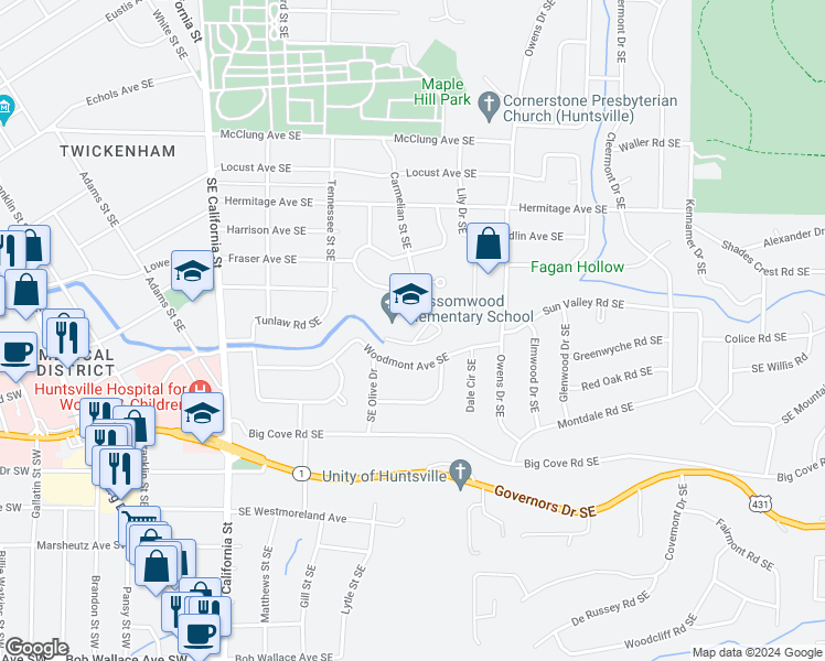 map of restaurants, bars, coffee shops, grocery stores, and more near 1321 Woodmont Avenue Southeast in Huntsville