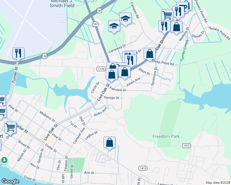 map of restaurants, bars, coffee shops, grocery stores, and more near 105 Howard Junior in Beaufort
