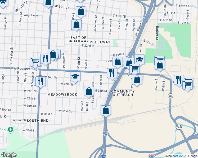 map of restaurants, bars, coffee shops, grocery stores, and more near 323 East 26th Street in Little Rock