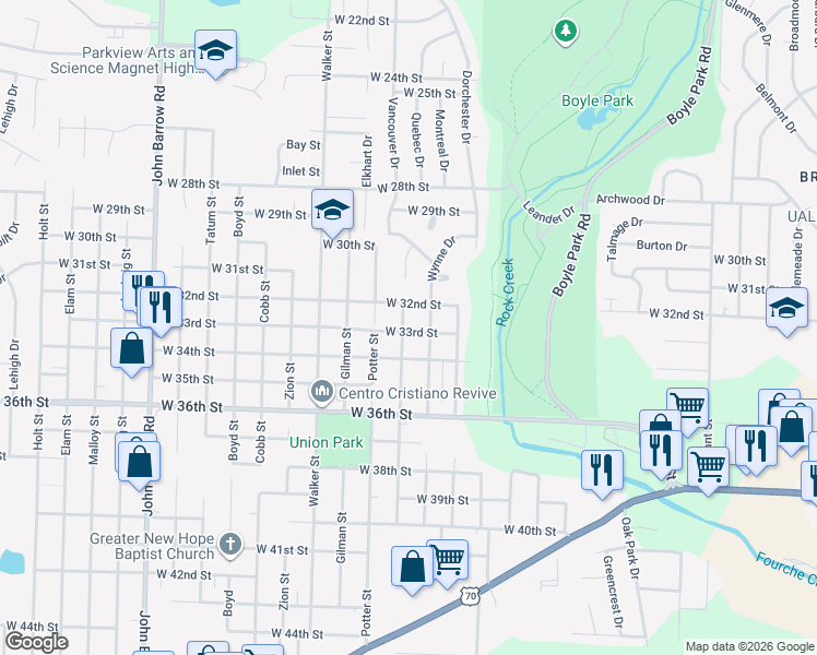 map of restaurants, bars, coffee shops, grocery stores, and more near 3208 Wynne Street in Little Rock