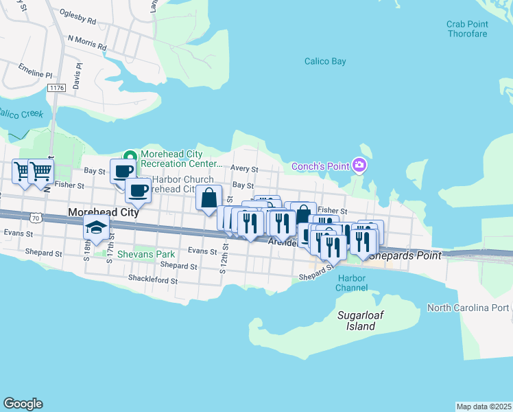 map of restaurants, bars, coffee shops, grocery stores, and more near 208 North 11th Street in Morehead City