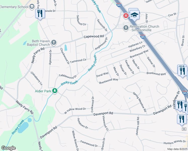 map of restaurants, bars, coffee shops, grocery stores, and more near 814 Brentwood Way in Simpsonville