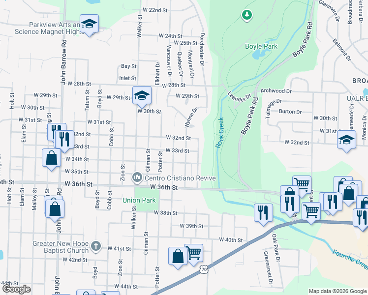 map of restaurants, bars, coffee shops, grocery stores, and more near 3208 Wynne Street in Little Rock
