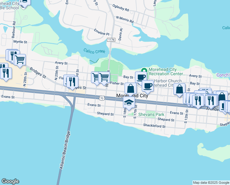 map of restaurants, bars, coffee shops, grocery stores, and more near 1901 Bridges Street in Morehead City