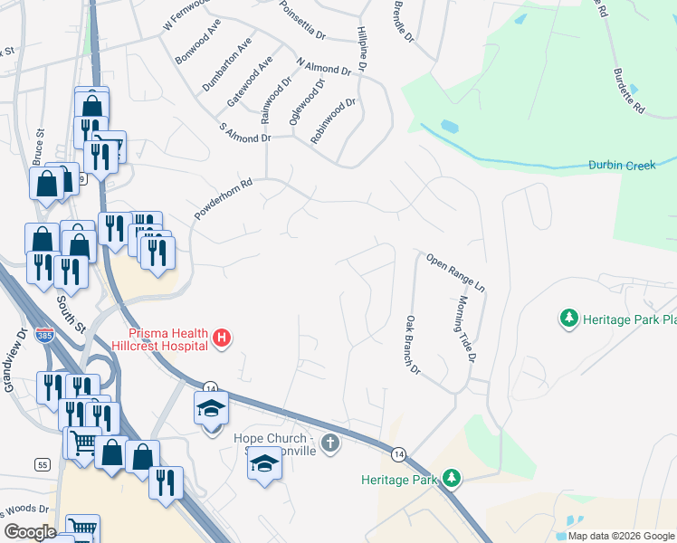 map of restaurants, bars, coffee shops, grocery stores, and more near 703 Raleighwood Lane in Simpsonville