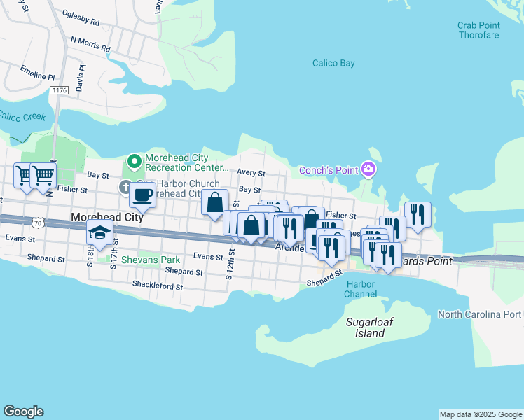 map of restaurants, bars, coffee shops, grocery stores, and more near 208 North 11th Street in Morehead City