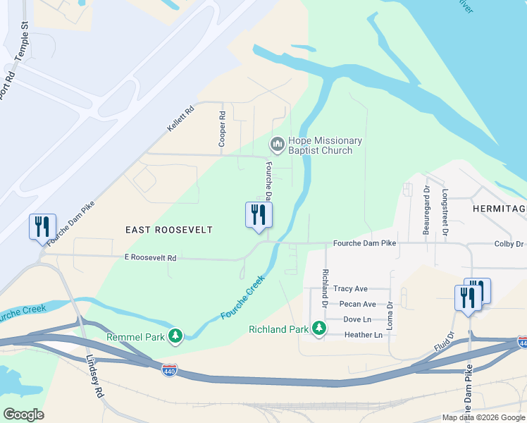 map of restaurants, bars, coffee shops, grocery stores, and more near 5401 Fourche Dam Pike in Little Rock